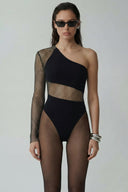 Front view of the Room 24 Anastasia black one-shoulder bodysuit with a crystal-mesh sleeve and diagonal waist panel.