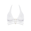White halter bikini top with decorative gold accents and braided strap details