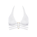 Close-up of the Room 24 Megan bikini top showing its braided straps and decorative centre fastening.