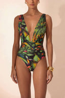 Front view of the Room 24 Amelia one-piece swimsuit with a deep plunge neckline, wide straps and crossover waist detailing.