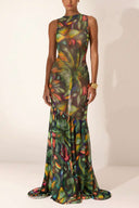Front view of the Room 24 Ariel tropical print mesh maxi dress with a high neckline, fitted silhouette and flared mermaid hem.