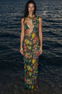Front view of the Room 24 Muse tropical print mesh maxi dress with an asymmetric neckline, triangle bust panel and side cut-out.