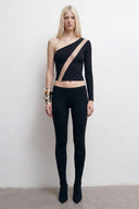 Front view of the Room 24 Lana top with an asymmetric one-shoulder neckline, diagonal sheer panel and single long sleeve.