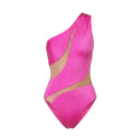 Close-up of the Room 24 Freya fuchsia swimsuit showing its one-shoulder neckline, smooth stretch fabric and illusion-mesh detailing.
