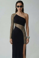 Front view of the Room 24 Amarilla black maxi dress with a gold crystal-mesh sleeve, diagonal waist panel and thigh-high split.
