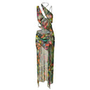 Close-up of the Room 24 Marina Tropic maxi dress showing its lightweight mesh, layered draping and fine criss-cross straps.