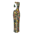 Close-up of the Room 24 Muse maxi dress showing the asymmetric neckline, triangle bust panel and multicoloured tropical mesh.