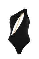 Close-up of the Room 24 Louise swimsuit showing the sweeping cut-out and delicate chain-trimmed finish.