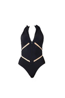 Close-up of the Room 24 Maya swimsuit showing its adjustable front zip, high neckline and illusion-mesh detailing.