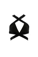 Close-up of the Room 24 Margot bikini top showing its crossover neckline and wraparound underbust detailing.
