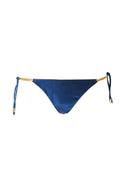 Blue bikini bottom with gold chain side ties on white background