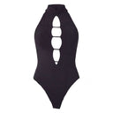 Close-up of the Room 24 Lara black bodysuit showing the high collar and vertical ladder-style cut-out detailing.