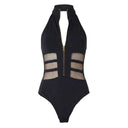 Close-up of the Room 24 Celina black bodysuit showing the adjustable front zip, high collar and waist detailing.