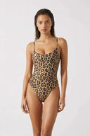 Front view of the Room 24 Marley one-piece swimsuit with a scoop neckline, statement chain straps and high-cut legs.