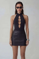 Front view of the Room 24 Lara black halterneck bodysuit with a high collar and vertical ladder-style chest cut-outs.