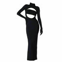 Close-up of the Room 24 Jamie black dress showing its high neckline, bandeau-style bust panel and sculptural front cut-out.