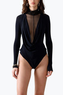 Front view of the Room 24 Kylie black long-sleeve bodysuit with a draped cowl neckline and sheer mesh centre panel.