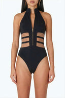 Front view of the Room 24 Celina black zip-front bodysuit with a high collar and horizontal waist cut-outs.