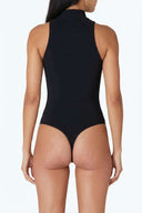 Back view of the Room 24 Celina black sleeveless bodysuit highlighting its high neckline and sculpted thong silhouette.