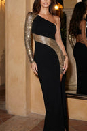 Front view of the Room 24 Amarilla black maxi dress with a gold crystal-mesh sleeve, diagonal waist panel and thigh-high split.