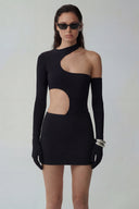 Front view of the Room 24 Bridget black asymmetric bodysuit with a high neckline, curved waist cut-out and glove sleeves.