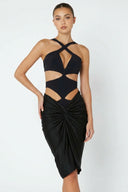 Front view of the Room 24 Mia midi skirt with a V-shaped waist and gathered knot detail.
