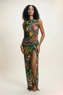 Side view of the Room 24 Sumie maxi skirt showing its draped gathering, knotted detail and high split.