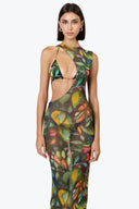 Front view of the Room 24 Muse tropical print mesh maxi dress with an asymmetric neckline, triangle bust panel and side cut-out.