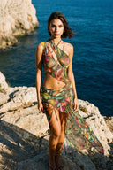 Front view of the Room 24 Marina Tropic sheer maxi dress with asymmetric draping, sculptural cut-outs and a thigh-high split.