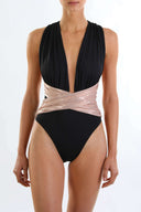 Front view of the Room 24 Rachel one-piece swimsuit with a deep plunge neckline, gathered halterneck and crossover waist.