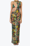 Front view of the Room 24 Muse tropical print mesh maxi dress with an asymmetric neckline, triangle bust panel and side cut-out.