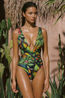 Front view of the Room 24 Amelia one-piece swimsuit with a deep plunge neckline, wide straps and crossover waist detailing.