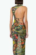 Back view of the Room 24 Muse tropical print maxi dress highlighting its asymmetric straps and fitted full-length silhouette.