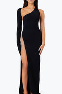 Front view of the Room 24 Bond black maxi dress with a one-shoulder neckline, integrated glove and thigh-high split.