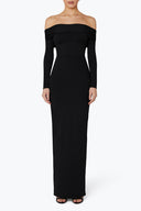 Front view of the Room 24 Celeste black maxi dress with a folded off-shoulder neckline, long sleeves and fitted silhouette.