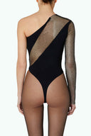Back view of the Room 24 Anastasia black bodysuit with diagonal crystal mesh, a single long sleeve and thong-cut base.