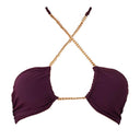 Close-up of the Room 24 Maria bikini top showing the gathered construction and polished chain details.