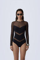 Front view of the Room 24 Milan black shaper bodysuit with sheer long sleeves and geometric chevron panels.