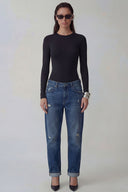 Front view of the Room 24 Ruby black long-sleeve bodysuit with a round neckline, high-cut legs and sculpted close fit.