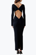 Back view of the Room 24 Bella black maxi dress showing its reversible square neckline and dramatic open-back styling option