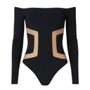 Close-up of the Room 24 Taylor black bodysuit showing the off-the-shoulder neckline, smooth stretch fabric and geometric mesh detailing.