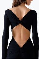 Back view of the Room 24 Bella black maxi dress showing its reversible square neckline and dramatic open-back styling option
