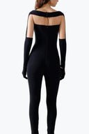 Back view of the Room 24 Janet black catsuit showing its sheer upper panel, sculpted bodice and slim full-length legs.