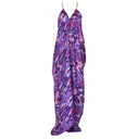Close-up of the Room 24 Raja dress showing its purple abstract print, plunging neckline and delicate gold-tone chain straps.