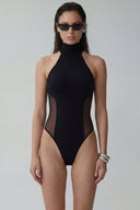 Room 24 Adela black high-neck bodysuit with curved mesh side panels and a sculpted fit.