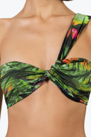 Close-up of the Room 24 Audrey bikini top showing its twist-front construction and smooth patterned fabric.