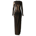 Close-up of the Room 24 Roxy bronze dress showing the light-catching metallic fabric and knotted ruching at the hip.