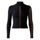 Close-up of the Room 24 Joyce top showing its high neckline, sheer centre panel and asymmetric sleeve detail.