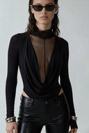 Front view of the Room 24 Kylie black long-sleeve bodysuit with a draped cowl neckline and sheer mesh centre panel.