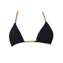 Close-up of the Room 24 Stacey bikini top showing its gathered fabric and chain detailing.